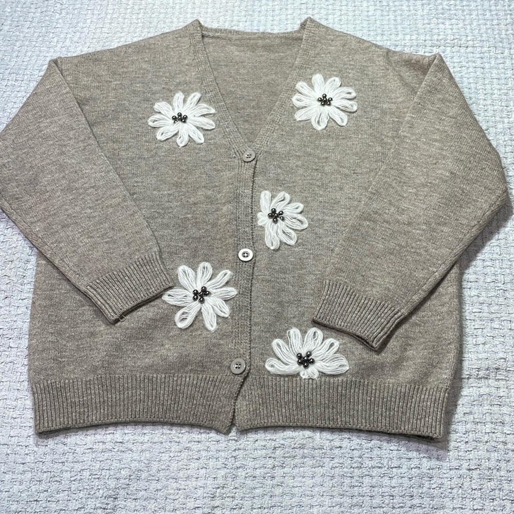 Soft & Cozy Handmade Granny Sweater Cardigan Embroidered Floral V-Neck Button Up